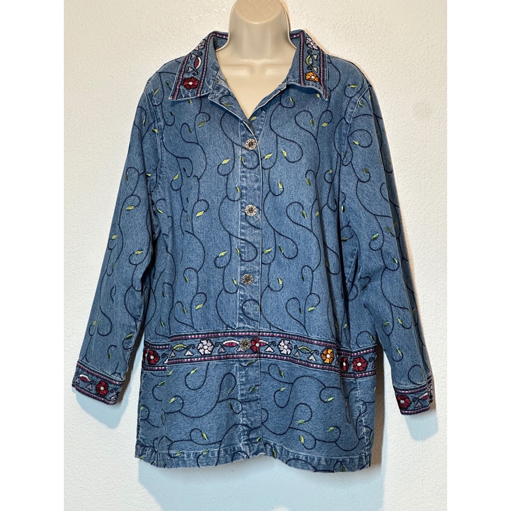 Vintage Floral Embroidered Denim Jacket Blue Boho Button Up Shacket Women L/XL
